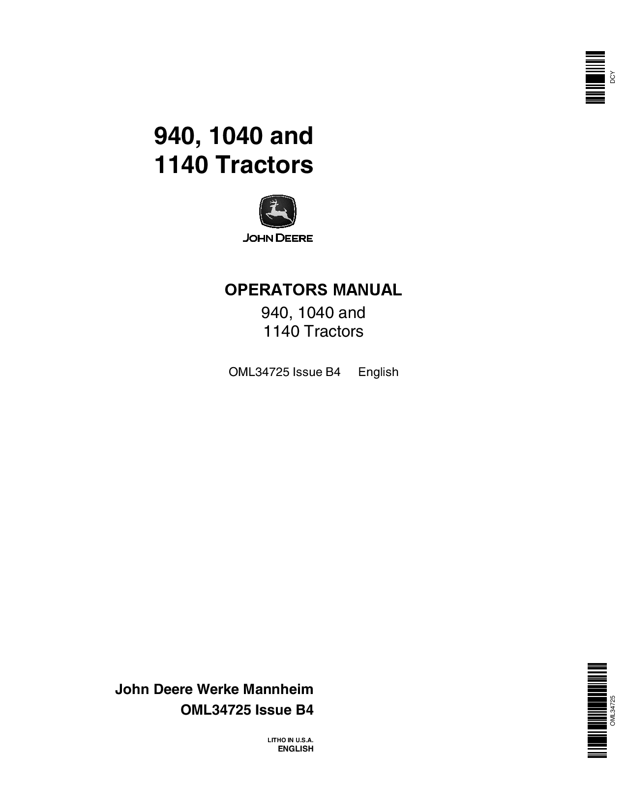 John Deere 940, 1040 and 1140 Tractors OML34725 Operators and Maintenance Manual PDF Download