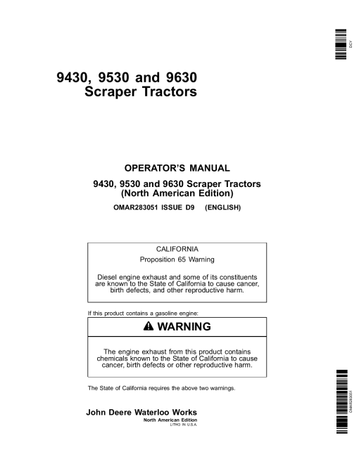 John Deere 9430, 9530 & 9630 Scraper Tractors OMAR283051 Operators and Maintenance Manual PDF Download