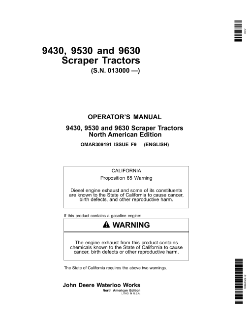 John Deere 9430, 9530 and 9630 Scraper Tractors (013000-) OMAR309191 Operators and Maintenance Manual PDF Download