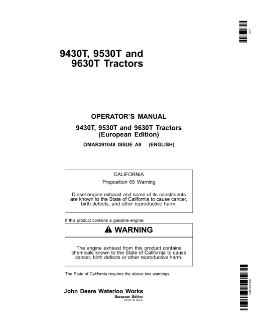 John Deere 9430T, 9530T & 9630T Tractors OMAR291048 Operators and Maintenance Manual PDF Download