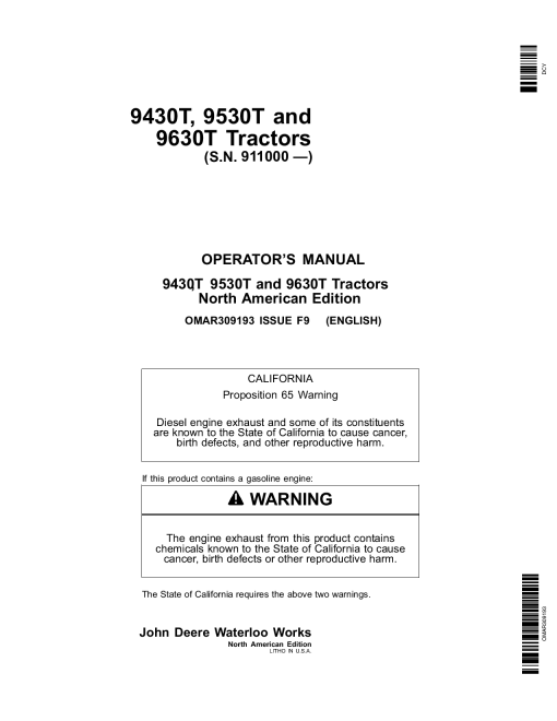 John Deere 9430T, 9530T and 9630T Tractors (911000-) OMAR309193 Operators and Maintenance Manual PDF Download