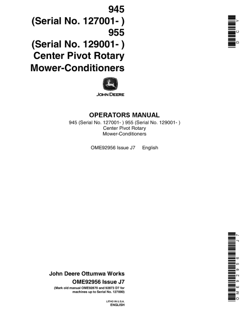 John Deere 945 (127001-), 955 (129001-) Center Pivot Rotary Mower Conditioners OME92956 Operators and Maintenance Manual PDF Download