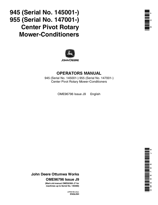 John Deere 945 (145001-), 955 (147001-) Center Pivot Mower-Conditioners OME96796 Operators and Maintenance Manual PDF Download
