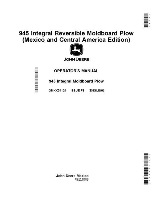 John Deere 945 Integral Reversible Moldboard Plows (Text Free Safety Labels) OMKK54124 Operators and Maintenance Manual PDF Download