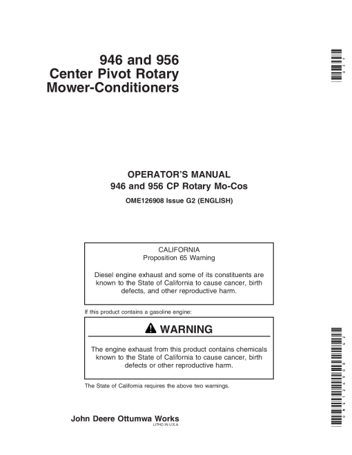 John Deere 946, 956 Center Pivot Rotary Mower Conditioners (000001-310000) OME126908 Operators and Maintenance Manual PDF Download