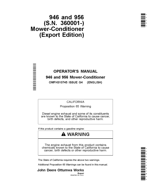 John Deere 946, 956 Center Pivot Rotary Mower Conditioners (360001-) OMFH310745 Operators and Maintenance Manual PDF Download