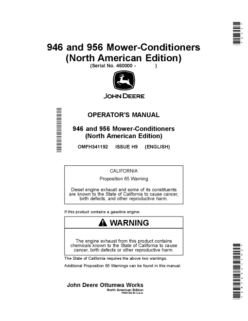 John Deere 946 and 956 Center Pivot Mower Conditioners OMFH341192 Operators and Maintenance Manual PDF Download