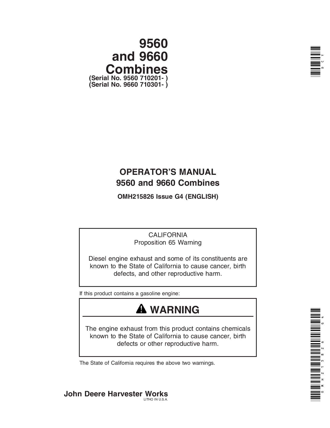 John Deere 9560 (710201-), 9660 (710301) Combines OMH215826 Operators and Maintenance Manual PDF Download