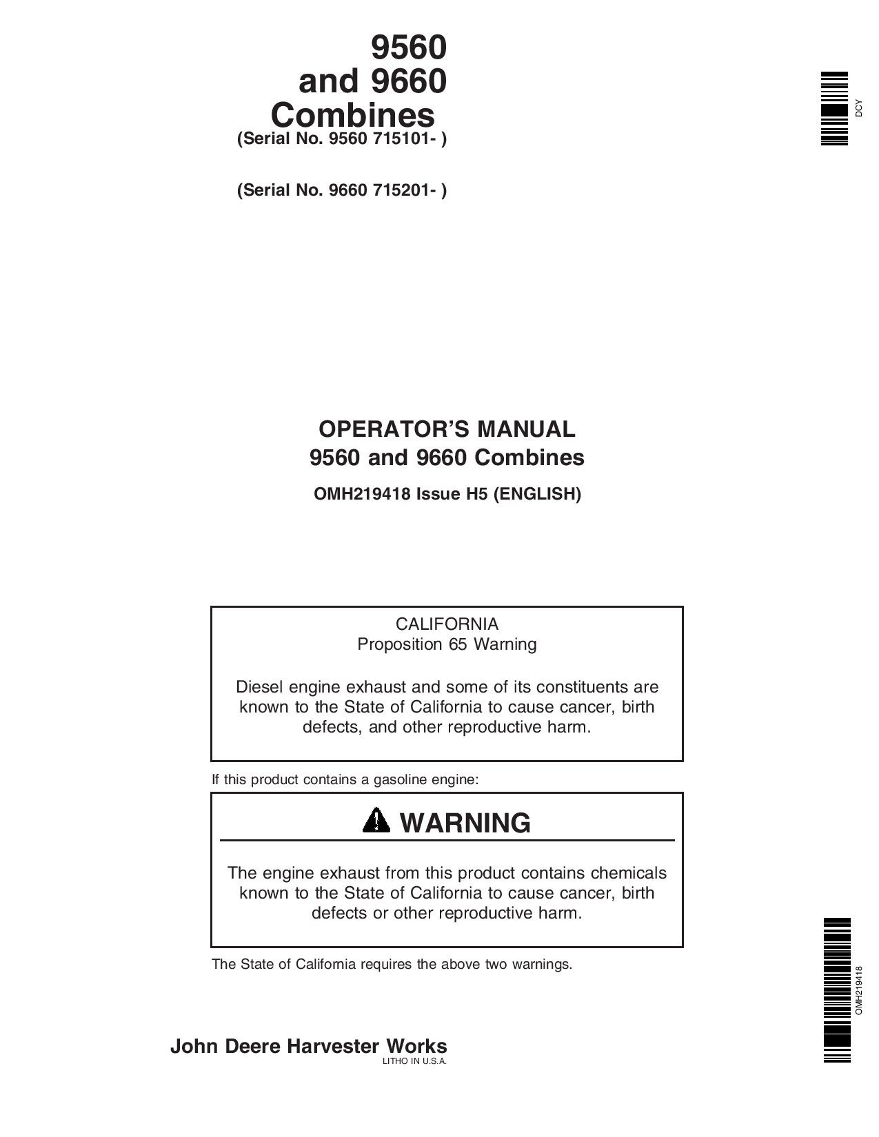 John Deere 9560 (715101-), 9660 (715201-) Combines OMH219418 Operators and Maintenance Manual PDF Download