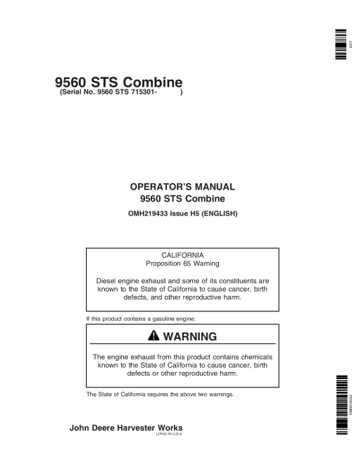 John Deere 9560 STS Combine (715301-) OMH219433 Operators and Maintenance Manual PDF Download