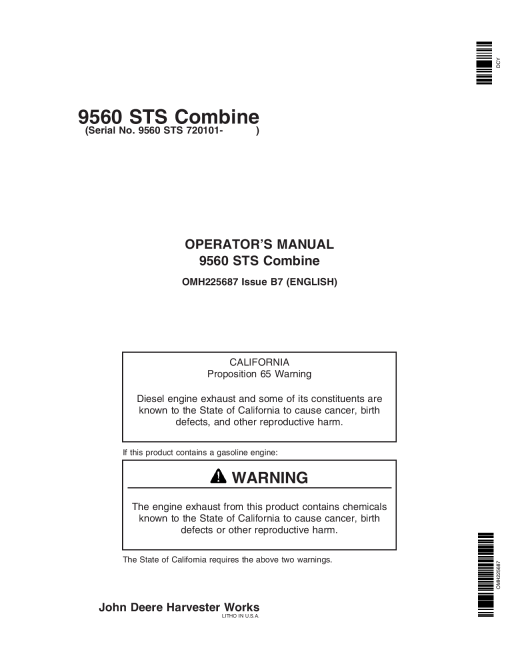 John Deere 9560 STS Combine (720101-) OMH225687 Operators and Maintenance Manual PDF Download