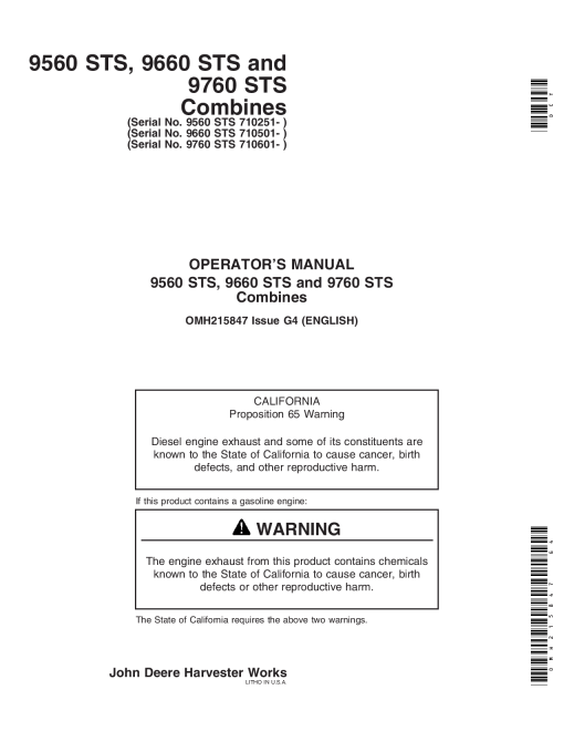 John Deere 9560STS (710251- ), 9660STS (710501-) & 9760STS (710601- ) Combines OMH215847 Operators and Maintenance Manual PDF Download