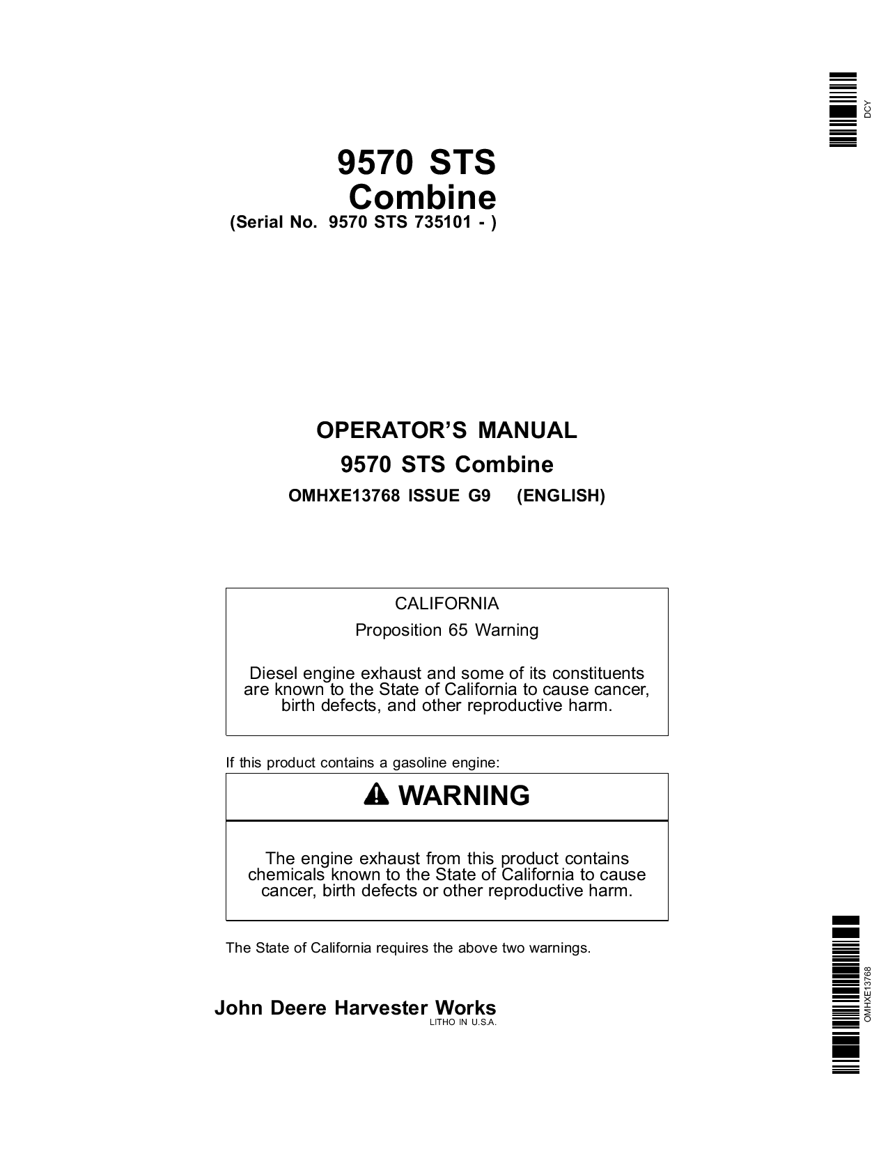 John Deere 9570 STS Combine (735101-) OMHXE13768 Operators and Maintenance Manual PDF Download