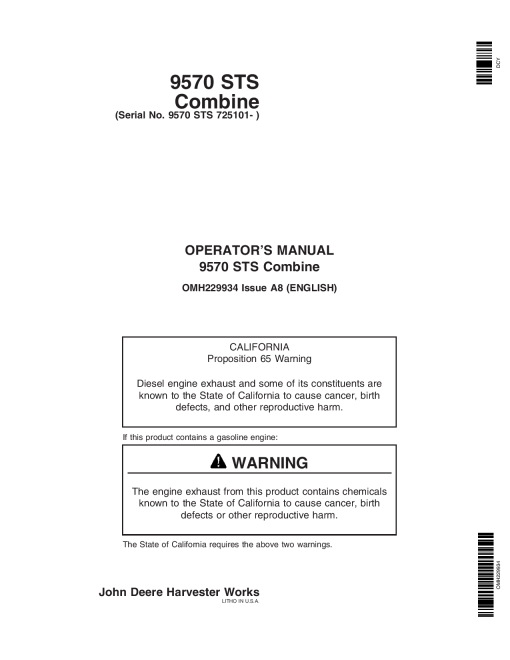 John Deere 9570 STS Self-Propelled Combine (725101-) OMH229934 Operators and Maintenance Manual PDF Download