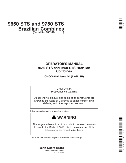 John Deere 9650 STS, 9750 STS Brazilian Combines(000181-) OMCQ52794 Operators and Maintenance Manual PDF Download