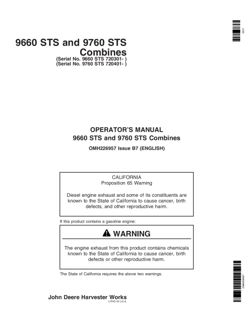 John Deere 9660STS (720301-) & 9760STS(720401- ) Combines OMH226957 Operators and Maintenance Manual PDF Download