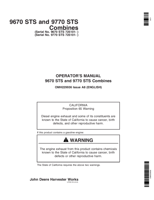John Deere 9670 STS & 9770 STS Combines North American Edition (725101-730100) OMH229936 Operators and Maintenance Manual PDF Download
