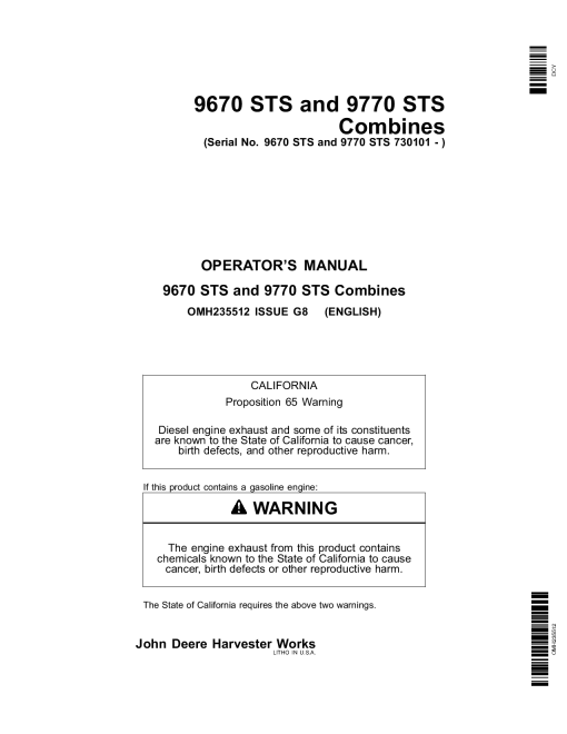John Deere 9670 STS & 9770 STS Combines North American Edition (730101-735200) OMH235512 Operators and Maintenance Manual PDF Download