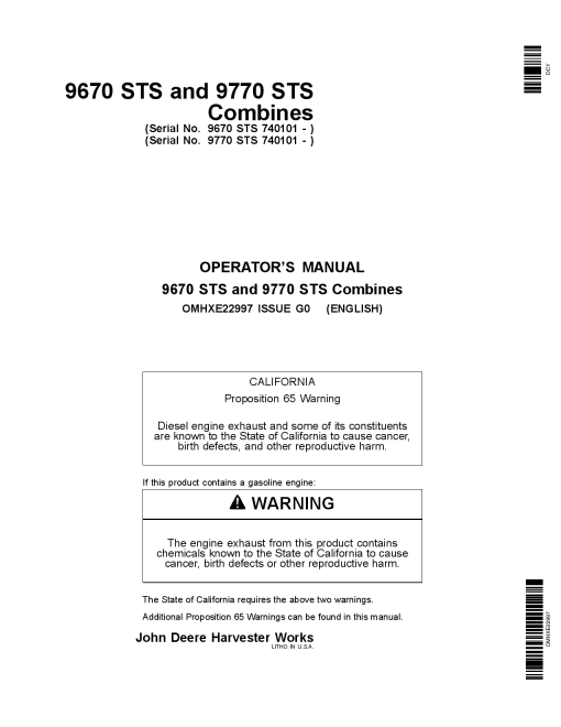 John Deere 9670 STS & 9770 STS Combines North American Edition (740101-) OMHXE22997 Operators and Maintenance Manual PDF Download