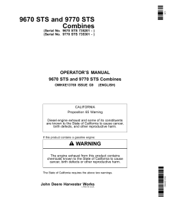 John Deere 9670 STS Combines (735201 -740100) & 9770 STS Combines (735301 -740100) North American Edition OMHXE13769 Operators and Maintenance Manual PDF Download
