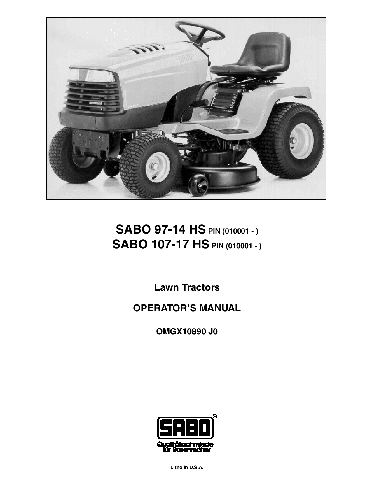 John Deere 97-14HS & 107-17HS SABO Lawn Tractors (010001-) OMGX10890 Operators and Maintenance Manual PDF Download