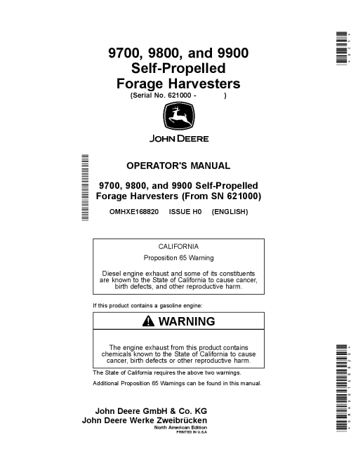 John Deere 9700, 9800, and 9900 Self-Propelled Forage Harvesters (621000-) OMHXE168820 Operators and Maintenance Manual PDF Download