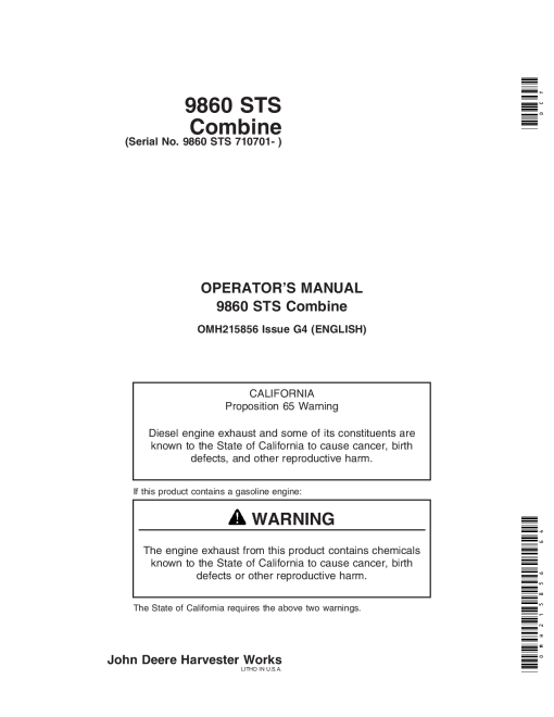 John Deere 9860 STS Combine (710701-) OMH215856 Operators and Maintenance Manual PDF Download
