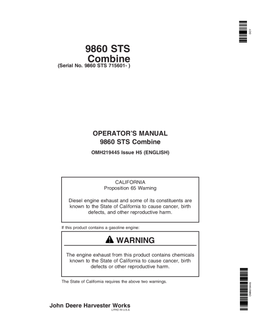 John Deere 9860 STS Combine (715601-) OMH219445 Operators and Maintenance Manual PDF Download