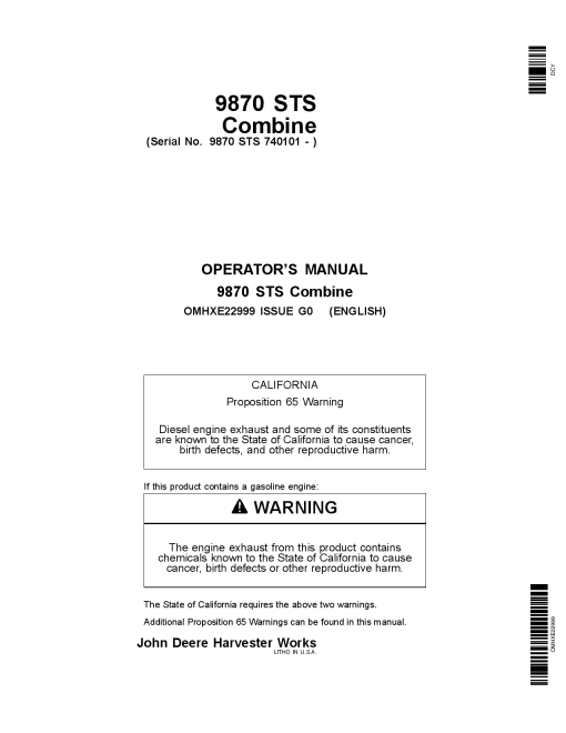 John Deere 9870 STS Combine (740101-) OMHXE22999 Operators and Maintenance Manual PDF Download