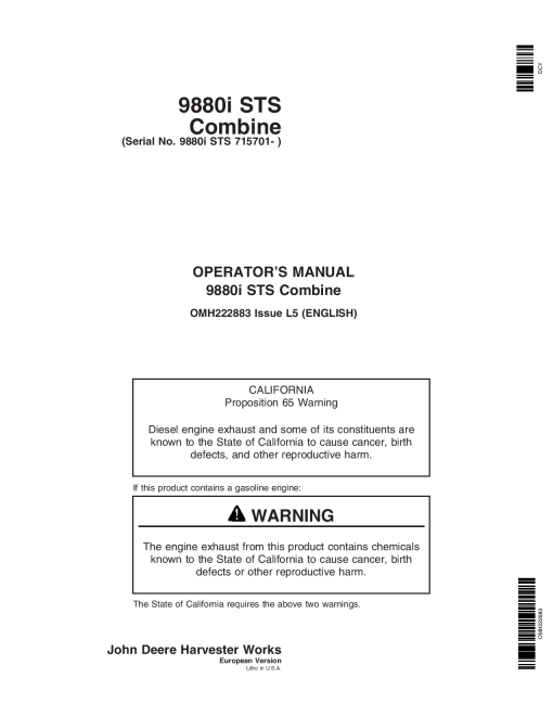 John Deere 9880i STS Combine (715701-) OMH222883 Operators and Maintenance Manual PDF Download