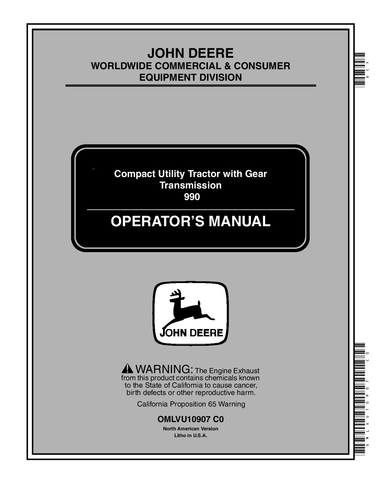 John Deere 990 Compact Utility Tractor with Gear Transmission (190001-) OMLVU10907 Operators and Maintenance Manual PDF Download