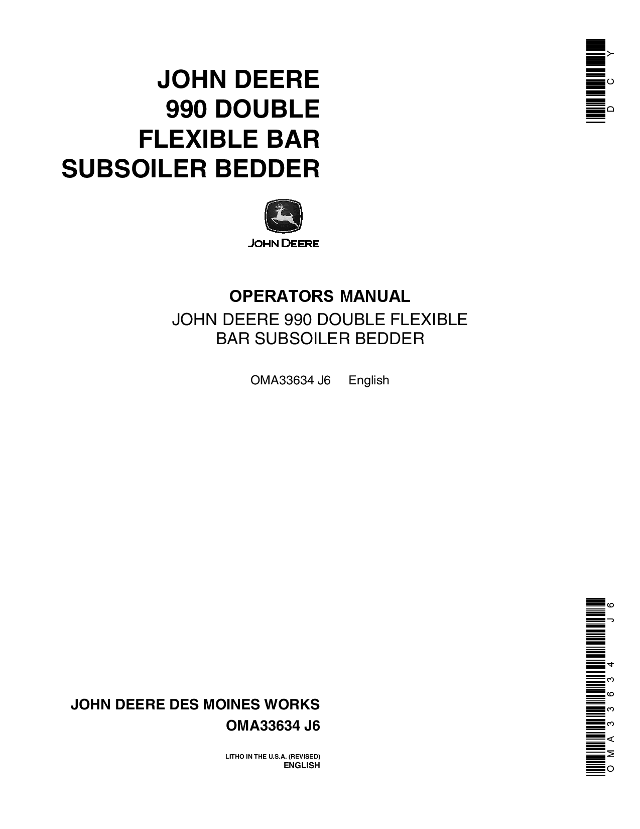 John Deere 990 Double Flexible Bar Subsoiler Bedder OMA33634 Operators and Maintenance Manual PDF Download
