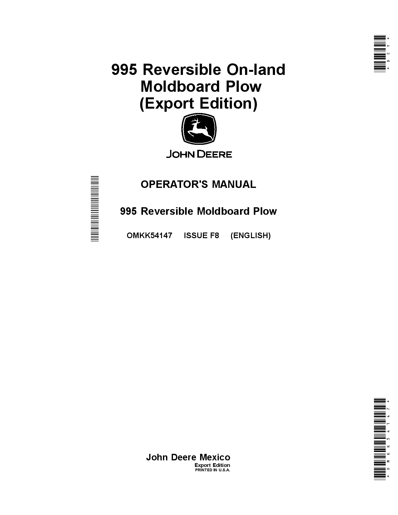 John Deere 995 Reversible On-land Moldboard Plows (Text free Saftey decals) OMKK54147 Operators and Maintenance Manual PDF Download