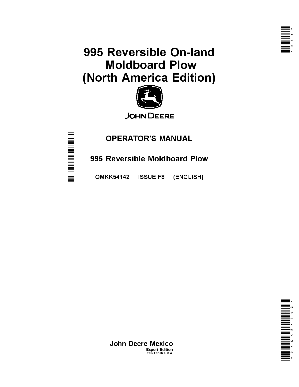 John Deere 995 Reversible On-land Moldboard Plows (With Text safety decals) OMKK54142 Operators and Maintenance Manual PDF Download