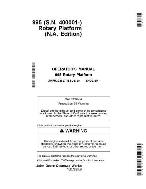 John Deere 995 Rotary Platform (400001-) OMFH322627 Operators and Maintenance Manual PDF Download