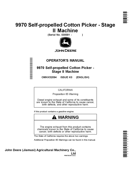 John Deere 9970 Self-propelled Cotton Picker - Stage 11 Machine (030001-) OMKK52094 Operators and Maintenance Manual PDF Download