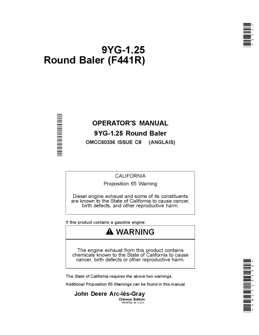 John Deere 9YG-1.25 Round Baler(F441R) OMCC60336 Operators and Maintenance Manual PDF Download