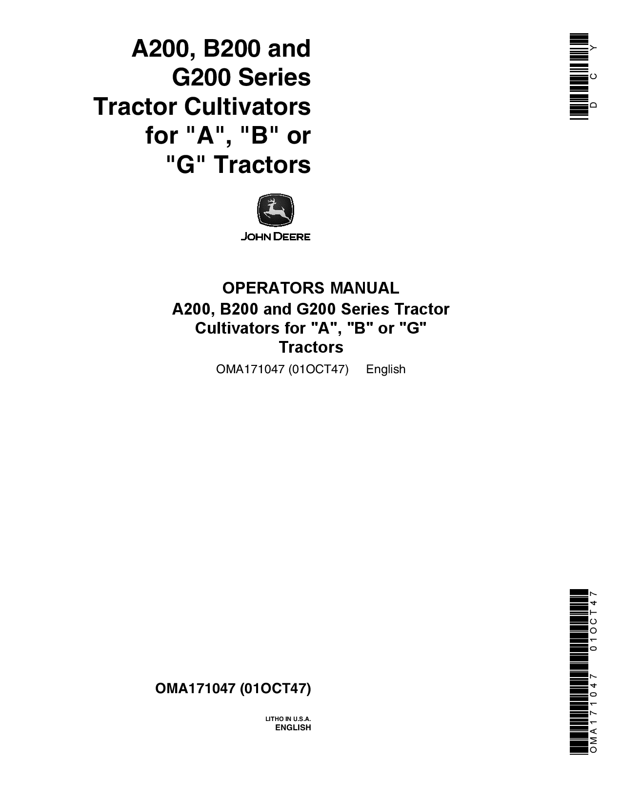 John Deere A200, 8200, 6200 Series Tractor Cultivators OMA171047 Operators and Maintenance Manual PDF Download