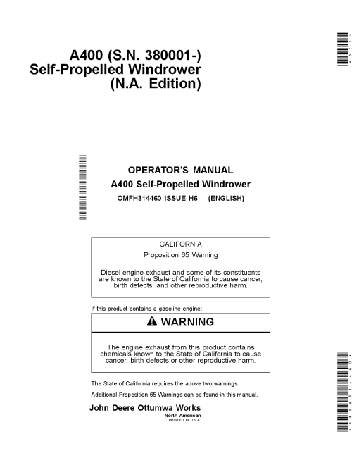 John Deere A400 Self-Propelled (North American Edition) OMFH314460 Operators and Maintenance Manual PDF Download