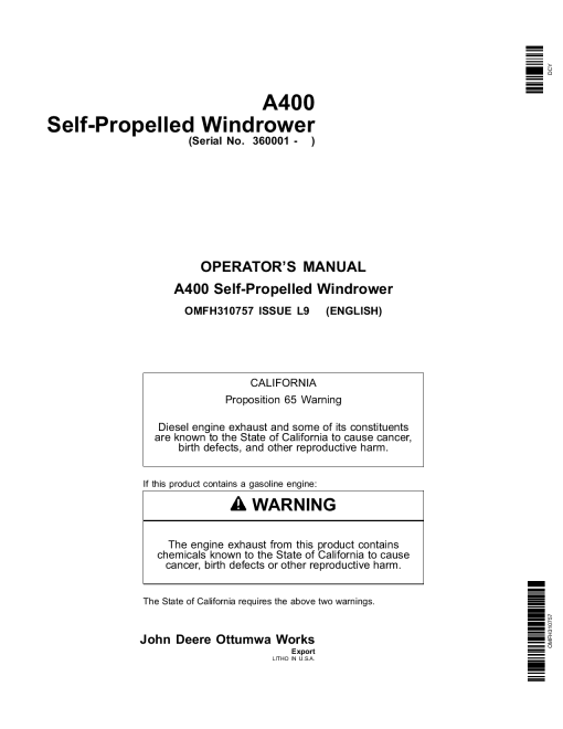 John Deere A400 Self-Propelled Windrower Export Edition (360001-370000) OMFH310757 Operators and Maintenance Manual PDF Download