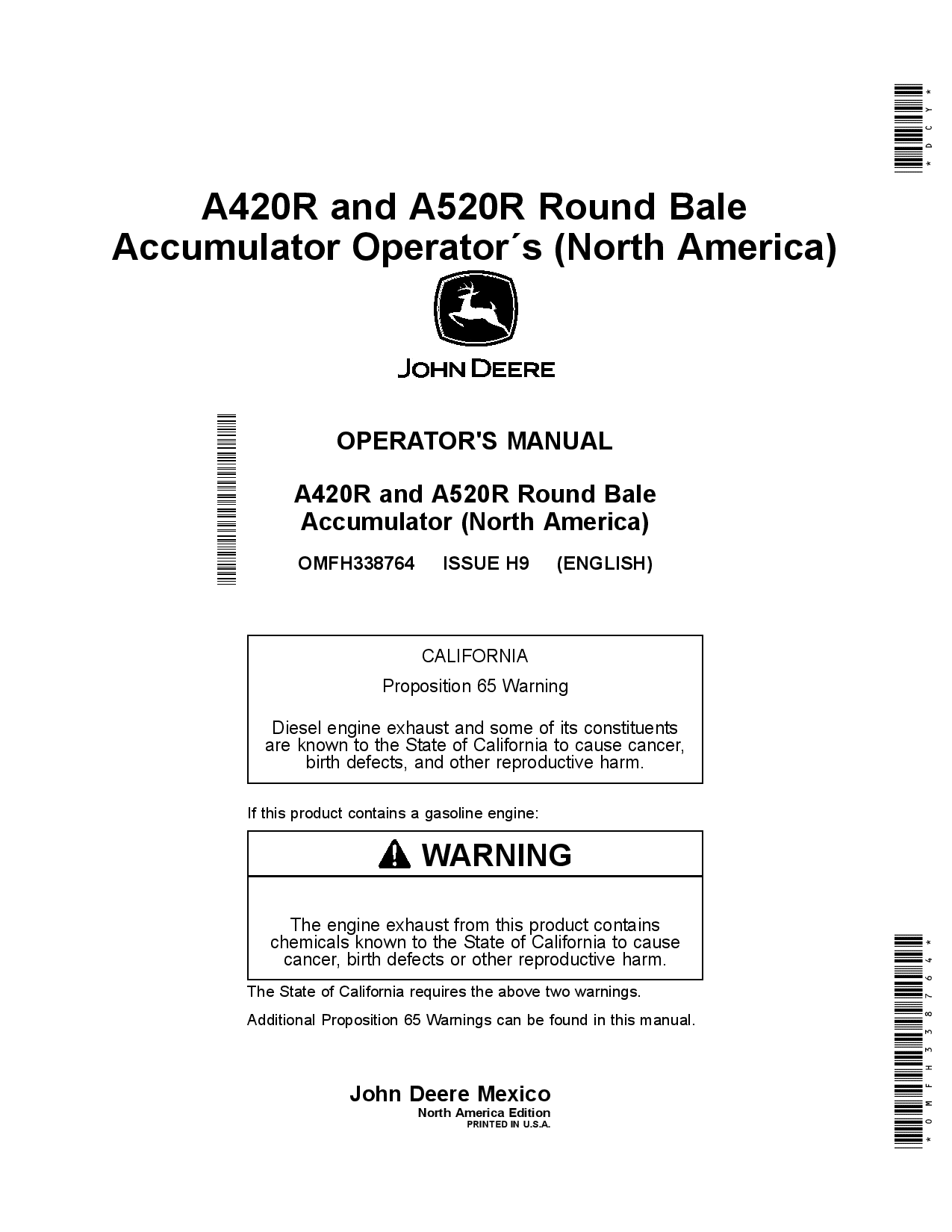 John Deere A420R and A520R Round Bale Accumulator OMFH338764 Operators and Maintenance Manual PDF Download
