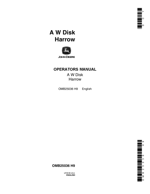 John Deere AW Series Disk Harrow OMB25036 Operators and Maintenance Manual PDF Download