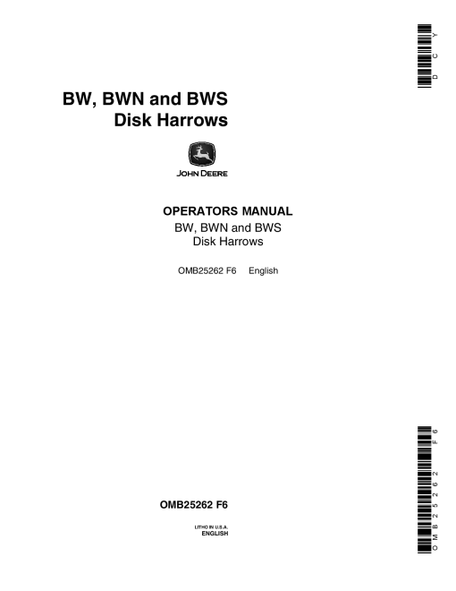 John Deere BW, BWN, BWS Disk Harrows OMB25262 Operators and Maintenance Manual PDF Download