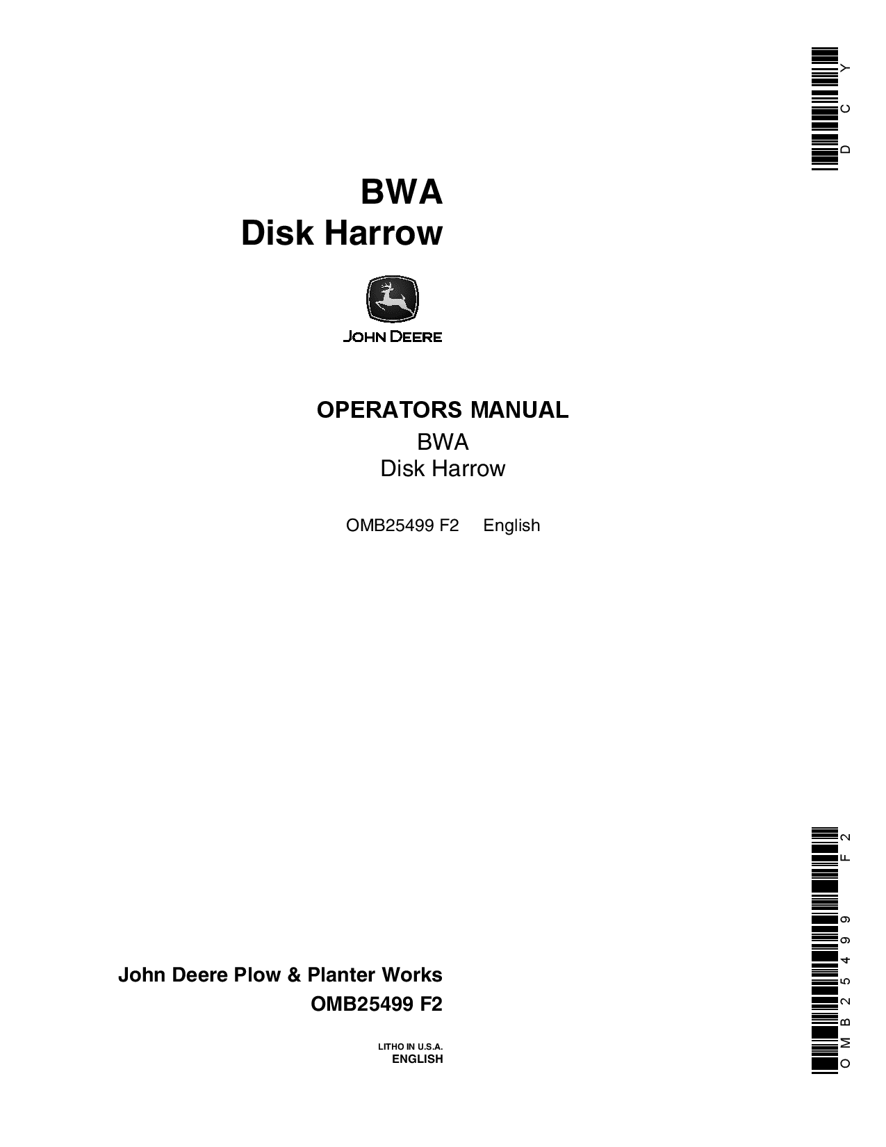 John Deere BWA Disk Harrow OMB25499 Operators and Maintenance Manual PDF Download