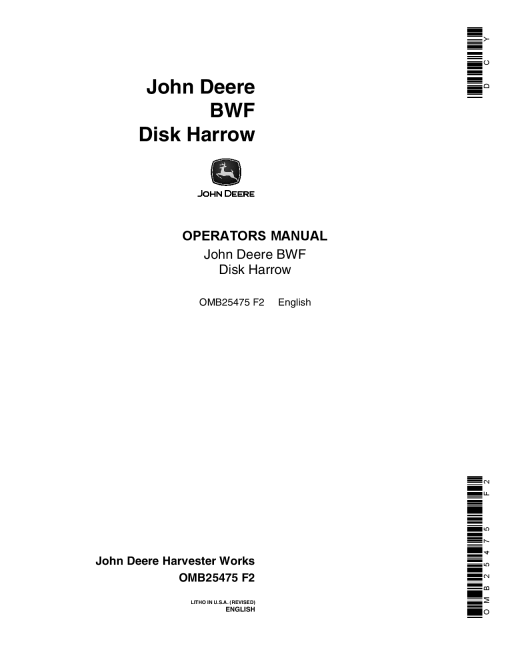 John Deere BWF Disk Harrow OMB25475 Operators and Maintenance Manual PDF Download
