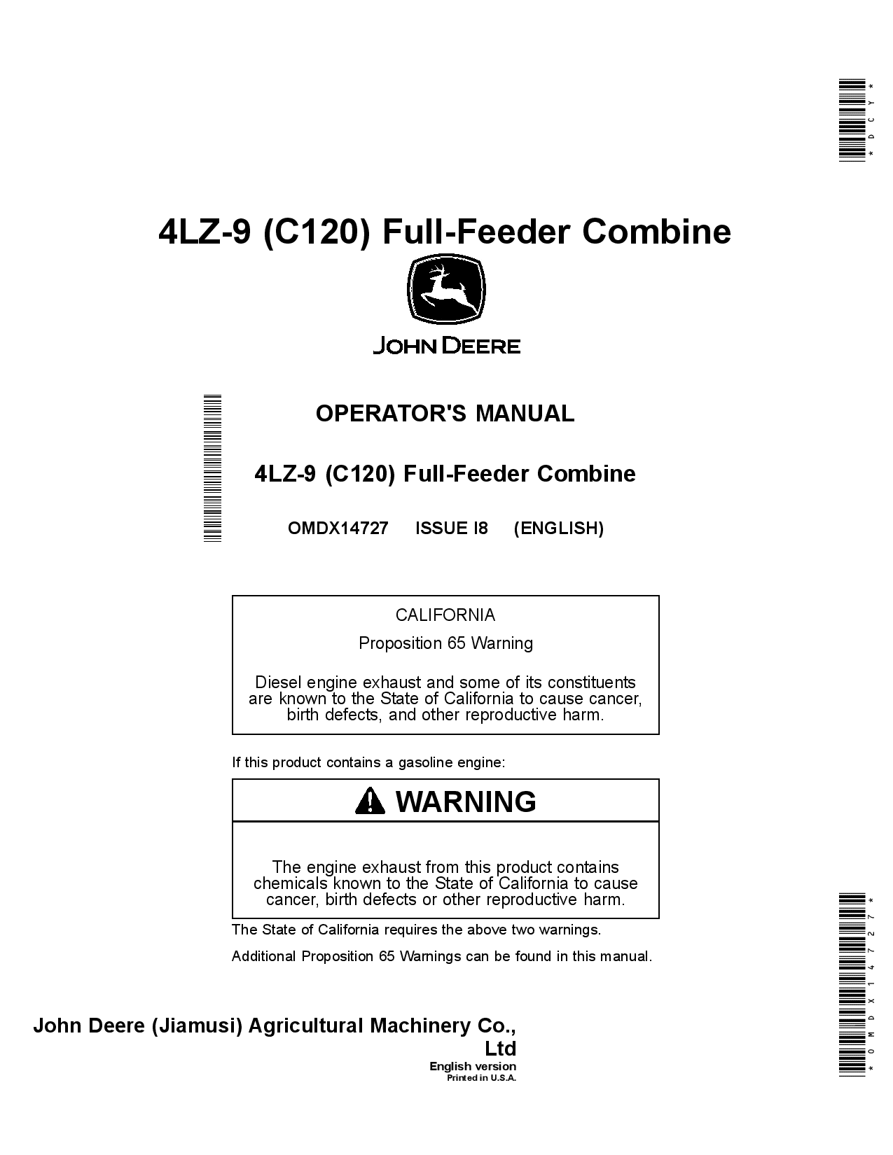 John Deere C120 (4LZ-9) Full-Feeder Combine OMDX14727 Operators and Maintenance Manual PDF Download