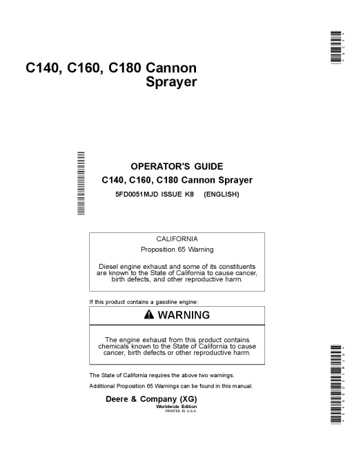 John Deere C140, C160 & C180 Cannon Sprayers 5FD0051MJD Operators and Maintenance Manual PDF Download