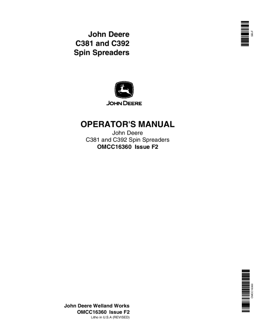John Deere C381, C392 Spin Spreader OMCC16360 Operators and Maintenance Manual PDF Download