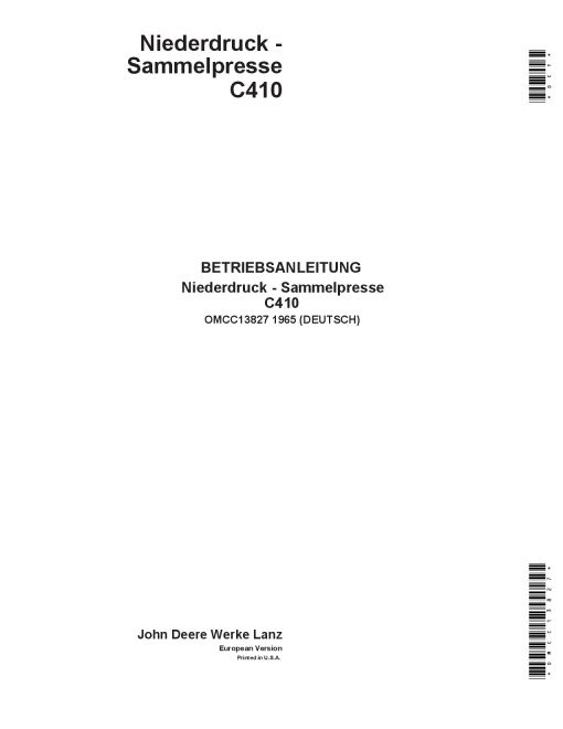 John Deere C410 Low-Density Balers OMCC13827 Operators and Maintenance Manual PDF Download