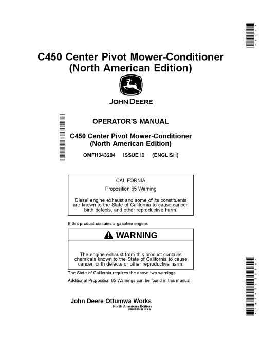 John Deere C450 Center Pivot Mower-Conditioner OMFH343284 Operators and Maintenance Manual PDF Download
